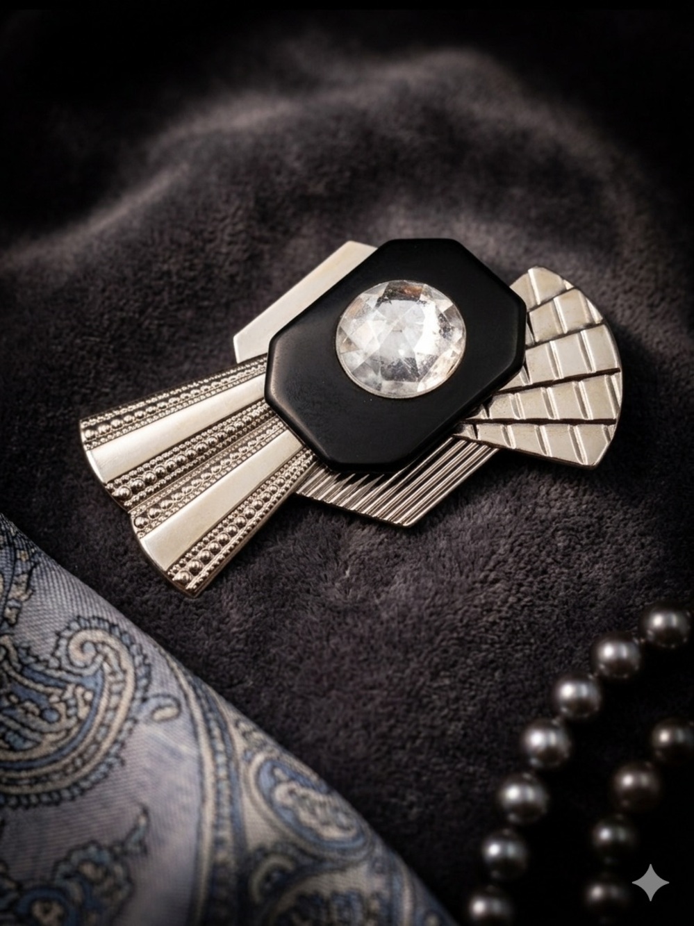 Retro Art Deco Silver Geometric Statement Brooch with Faceted Crystal Center